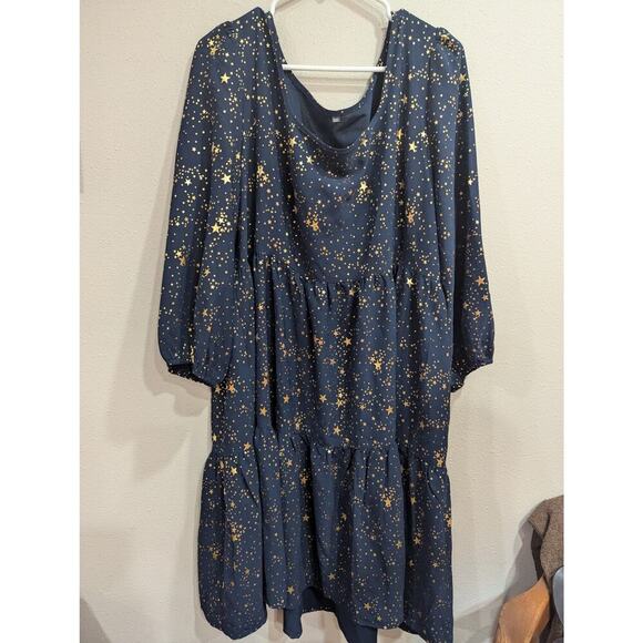 Gorgeous long sleeve navy cupcake style tiered dress w/gold foil star print 3X - Picture 1 of 10